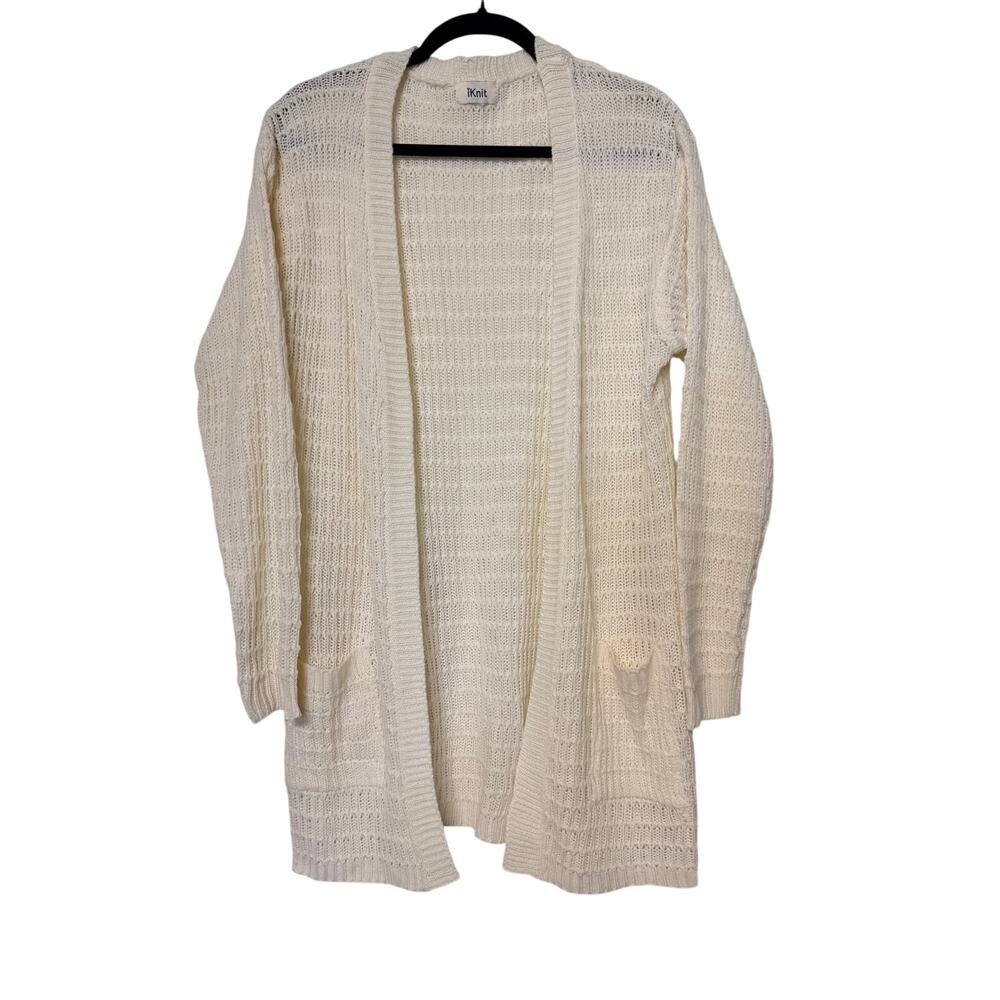 iKnit Ivory Open Front Knit Cardigan Sweater Plus Size 2X Long Sleeve Pockets